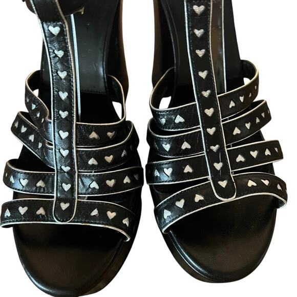 Saint Laurent Black Leather Platform Heel Sandal Silver Hearts EU 40.5 US 10.5 - Picture 7 of 14